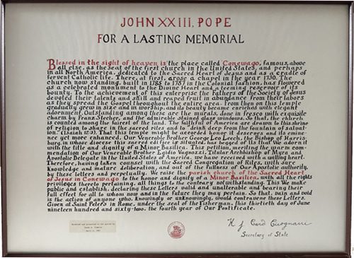 Pope St John XXIII's 1962 decree declaring the Church of the Sacred Heart of Jesus in Hanover, PA, a minor basilica
