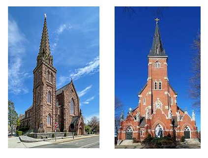 (left) Patrick Keely's St. Mary Church, Newport, RI 1848 (right) James Murphy's Our Lady Help of Christians, Newton, MA 1878