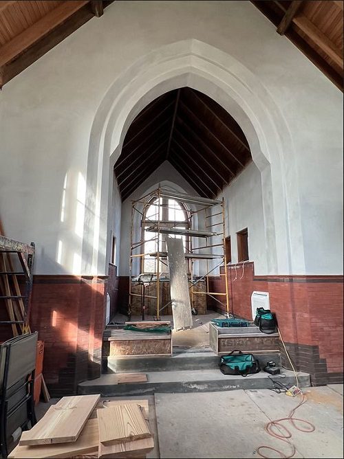 Belmont Chapel interior before decorative paint work. Courtesy of the Belmont Chapel Foundation.