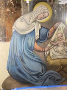 overpaint removed from the Blessed Mother figure and inpainting in progress
